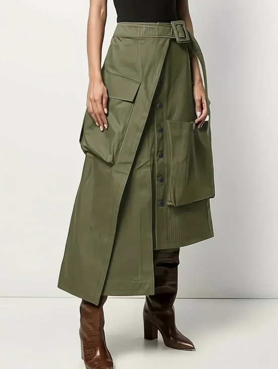 Dresses & Skirts - Olive Green Utility Midi Skirt with Cargo Pockets